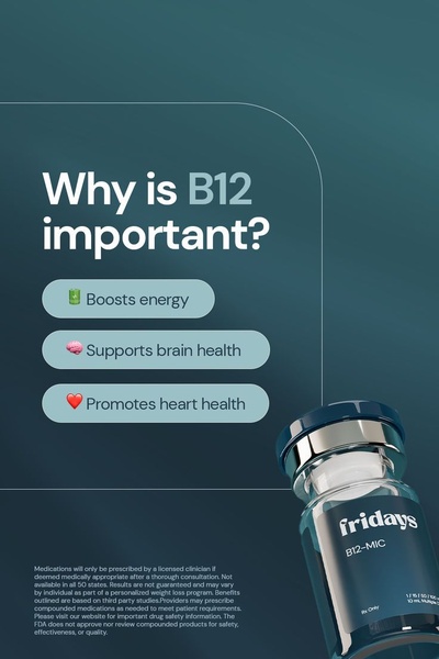 A high-contrast informational graphic highlighting the health benefits of a B12-MIC injection vial.